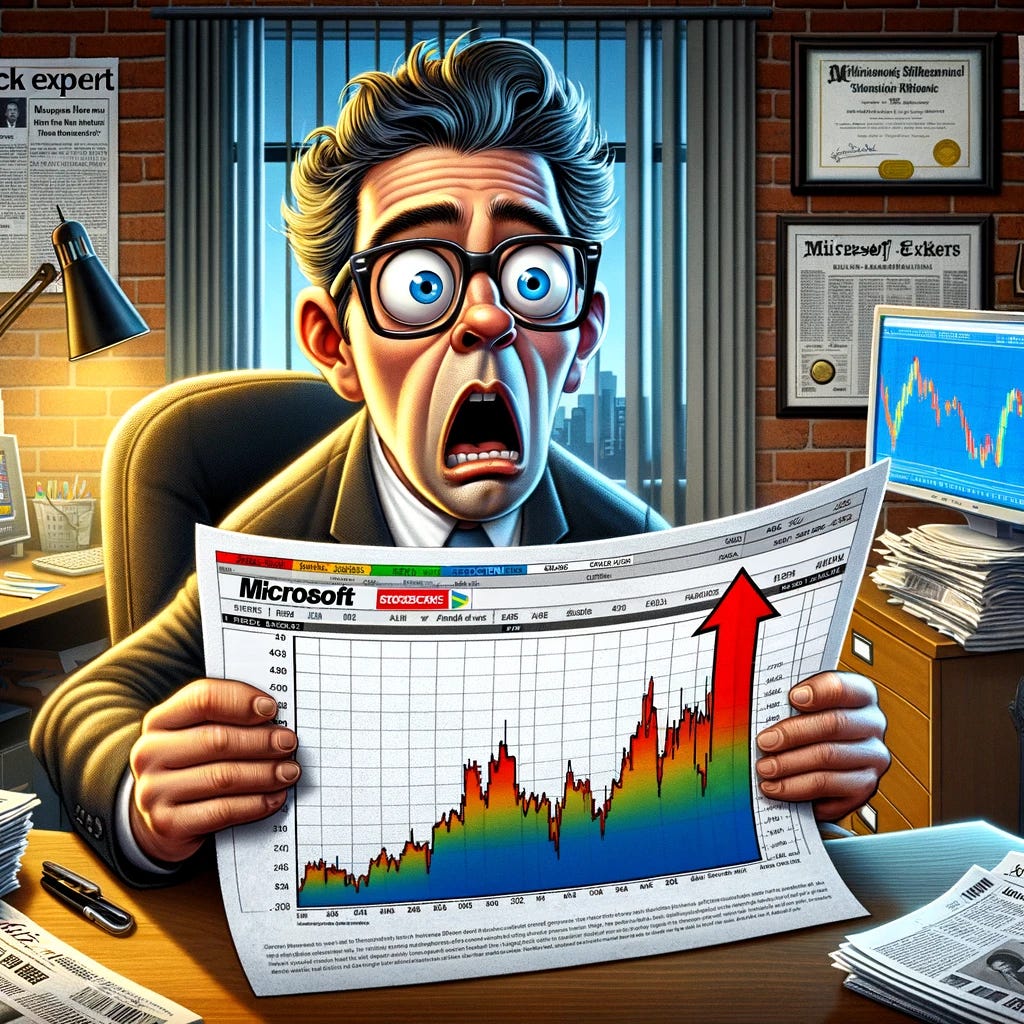 An image of a stock picker, depicted as a cartoon character, in an office environment looking shocked and dismayed while holding a paper showing a chart with Microsoft stock unexpectedly skyrocketing. The stock picker has a bewildered expression, with exaggerated features like wide eyes and a dropped jaw. The office is cluttered with financial newspapers, a computer displaying stock market news, and a 'Stock Expert' certificate on the wall, all suggesting the setting of a professional stock analyst. The overall mood is humorous, emphasizing the irony of the expert's incorrect prediction.