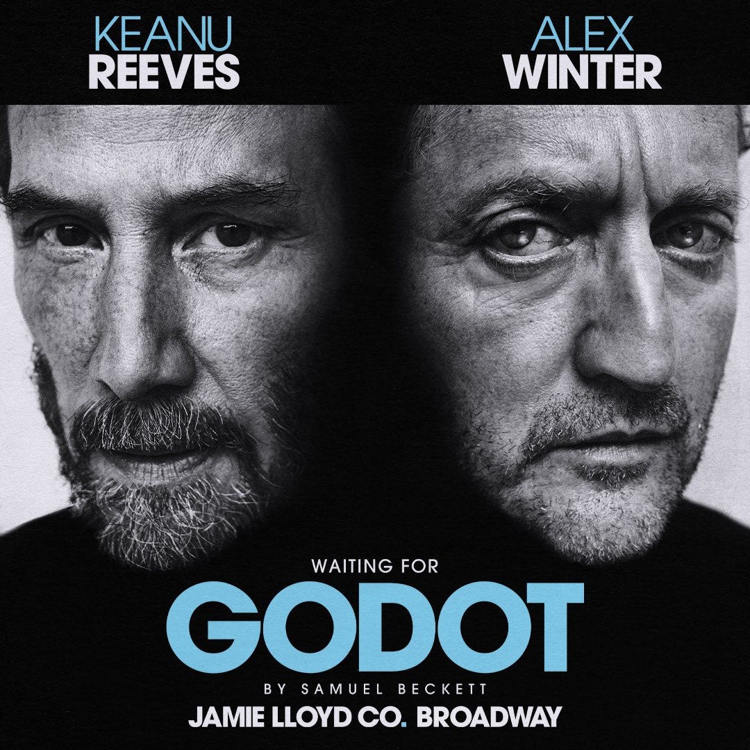 Keanu Reeves and Alex Winter in black-and-white, looking appropriately grave as Beckett's Vladimir and Estragon, respectively.