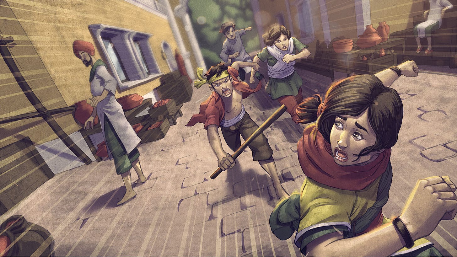 An illustration of a young Haroona fleeing a street gang, as depicted in the Unknown 9: Echoes comic book.