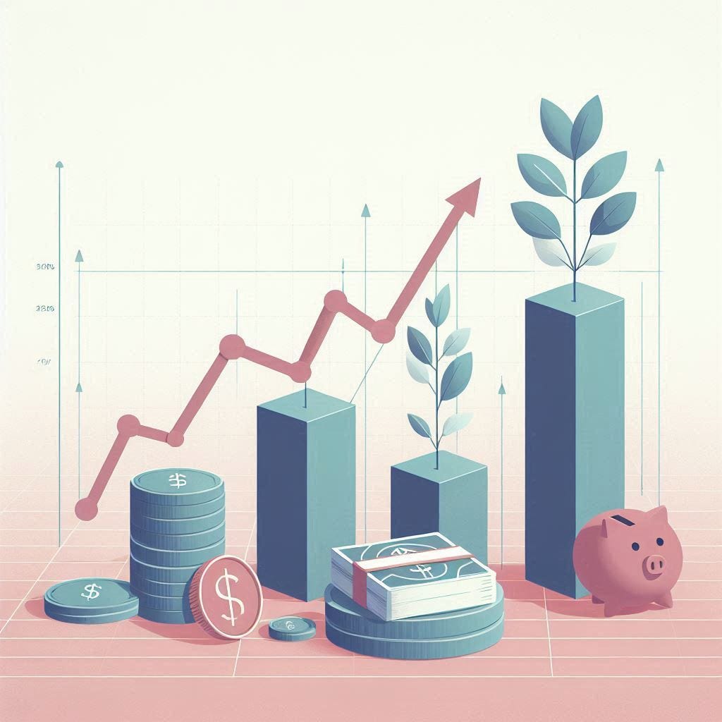 Simplified financial chart showing small steady growth over time, concept of long-term investing, soft color palette, minimalism