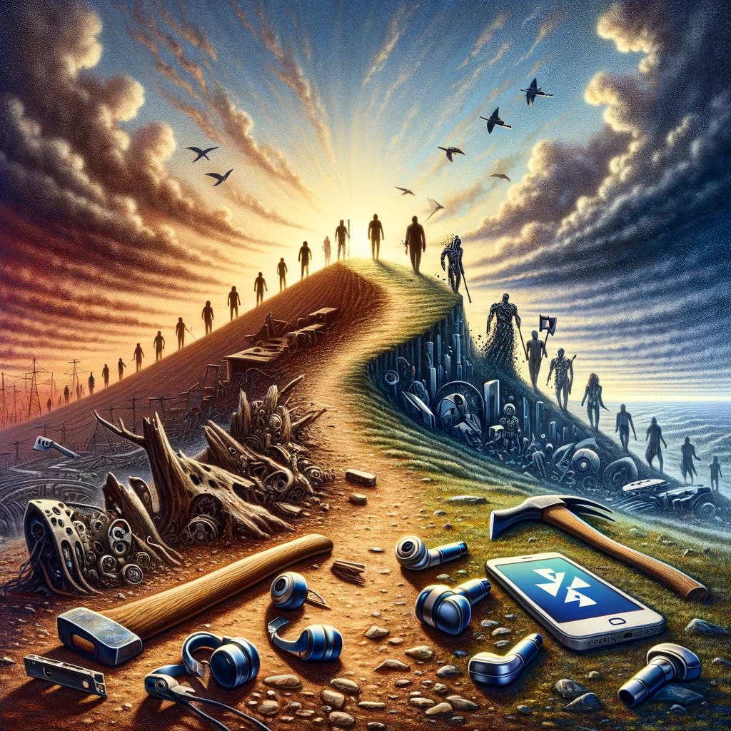 An abstract landscape depicting the evolution of technology, from simple hand axes laying on the ground to advanced, sleek machines rising up a metaphorical hill towards an unknown horizon. This landscape is infused with elements of both optimism and pessimism, reflecting a divided sentiment towards the future. The ground is scattered with broken pieces of technology, including a pair of broken bluetooth headphones, symbolizing the failures and setbacks in the journey of progress. Meanwhile, human figures can be seen, some looking back towards the hand axes with concern, while others gaze optimistically towards the machines ascending the hill. The scene is set against a backdrop of a sky transitioning from a stormy, dark atmosphere to a bright, hopeful horizon, encapsulating the emotional and philosophical journey from skepticism to optimism in the era of technological singularity.