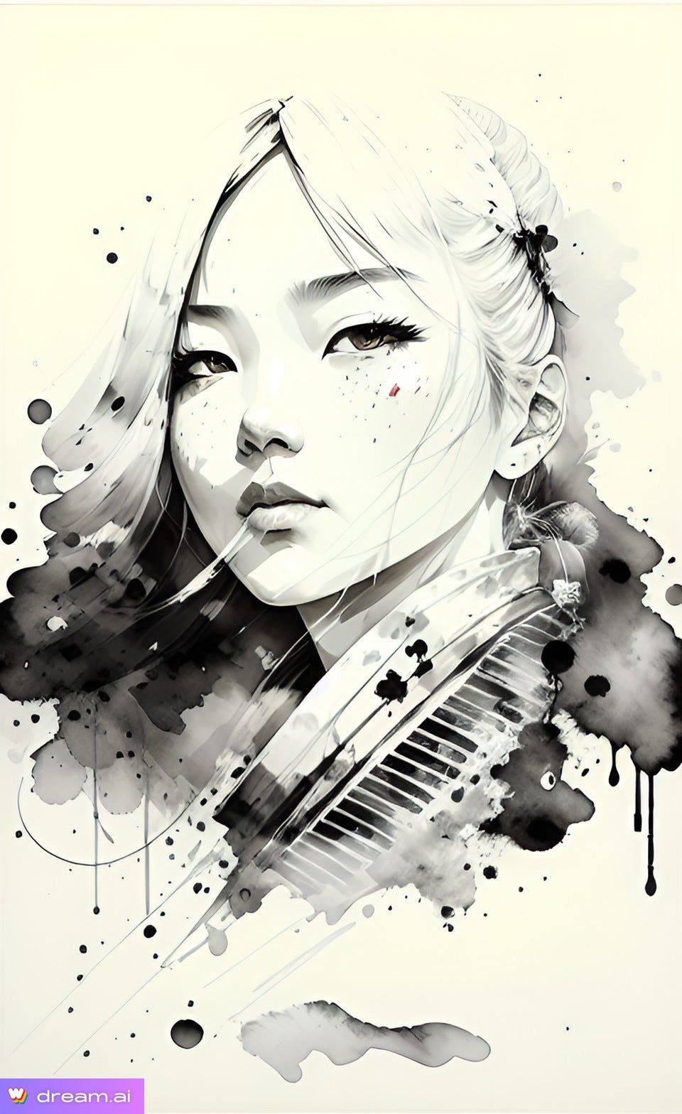 A.I. image of a young Asian woman, done in a monochrome ink-drawing style.