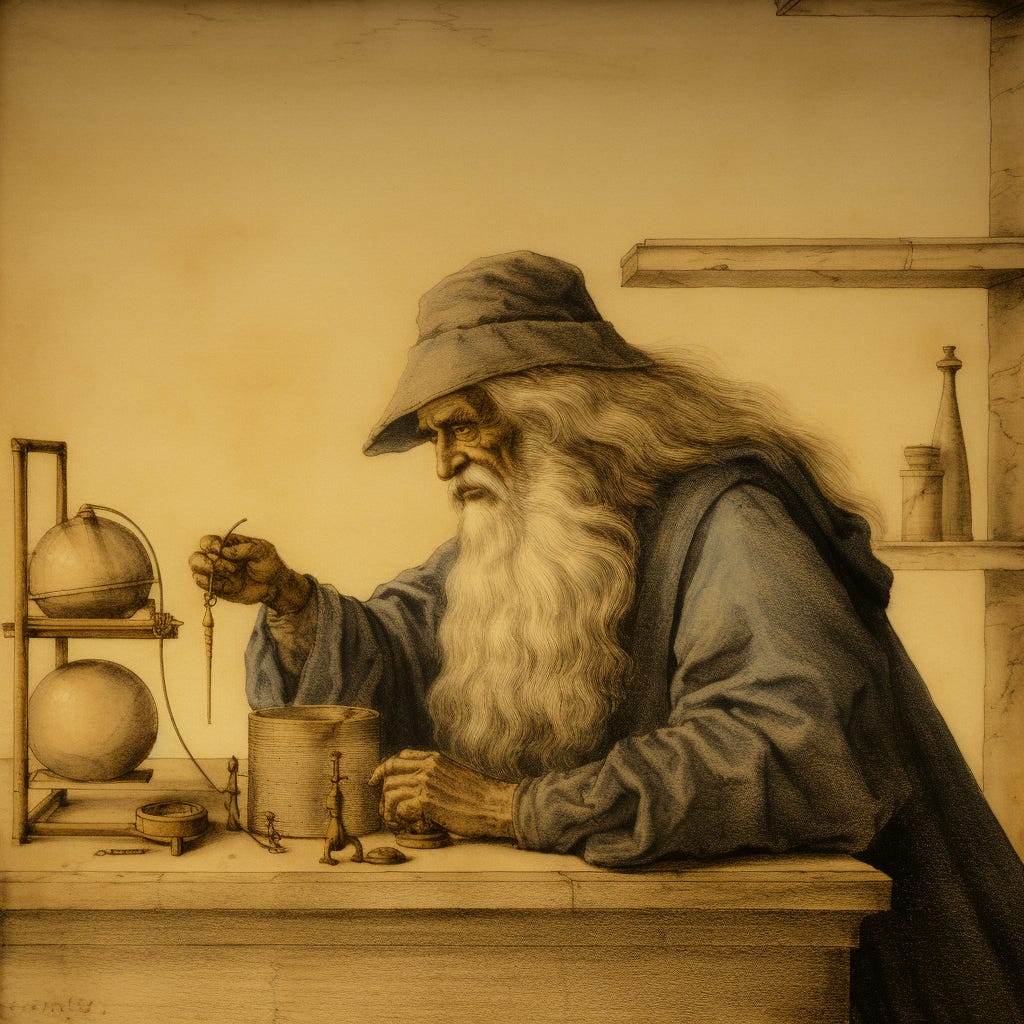 AI representation of Leonardo da Vinci experimenting later in life