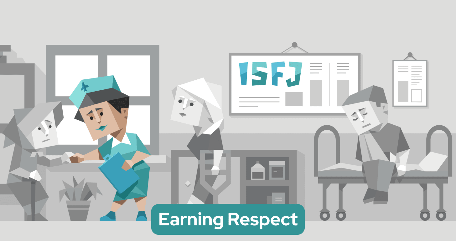 An ISFJ nurse stands in a hospital environment. She wears a teal nurse uniform and cap, holding a clipboard. She is gently holding the hand of an elderly patient walking with a cane. In the background, a woman with crutches walks by, and a man is seated on a hospital bed. To the right, the letters “ISFJ” are prominently displayed on a wall chart.