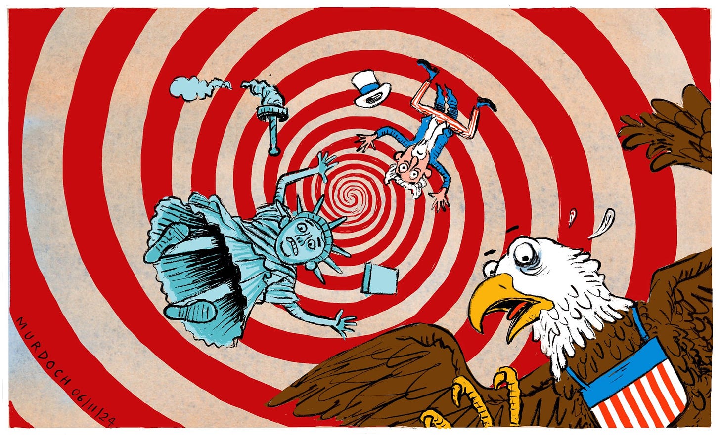 Cartoon. The bald eagle, the Statue of Liberty, and Uncle Sam being sucked into a vortex or spat out.