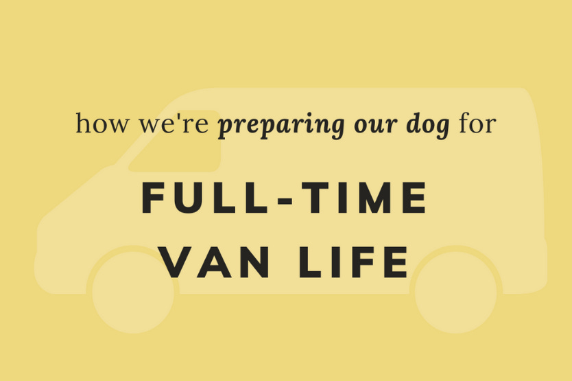 A van silhouette icon on a yellow background with the words how we're preparing our dog for full-time van life