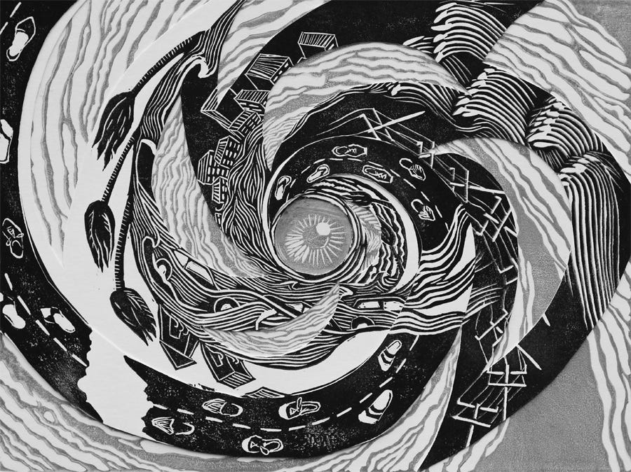 A black & white work depicting a human eye at the center of a swirl of hurricane-related imagery: a road with footprints instead of cars, a flooded city, flooded cars, jumbled power lines, palm trees bent over in wind, and repeated wave and cloud images.