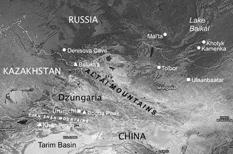 Map of the Altai, Tarim Basin and Baikal regions of Central and Eastern Asia showing Upper Paleolithic sites and other locations mentioned in The Cygnus Key, including the Denisova Cave. (Image credit: Andrew Collins)