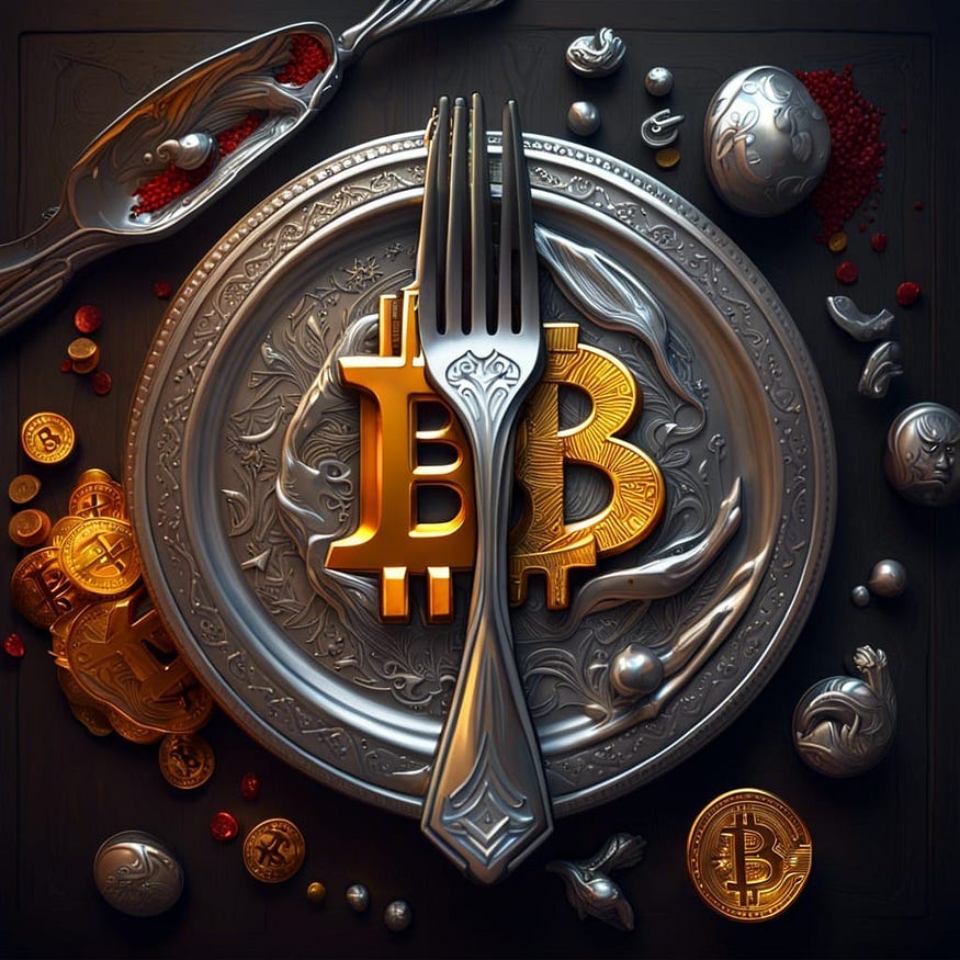 There is a silver plate with a Bitcoin and a silver fork in the picture