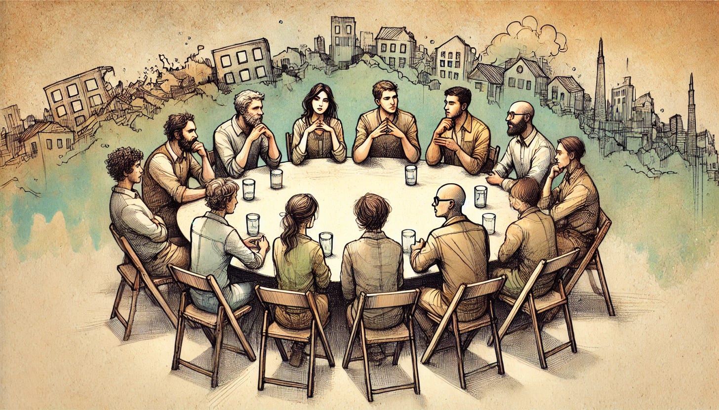 A hand-drawn, folksy illustration of a roundtable discussion featuring an equal number of men and women engaged in deep conversation. The characters are wearing modern-day clothing, such as jeans, blouses, button-up shirts, and jackets. The background features a faint, textured outline of a crumbling cityscape, symbolizing collapse. The color palette is warm and earthy, with soft pencil-like strokes and watercolor-style shading. The atmosphere conveys thoughtful discussion amidst a backdrop of societal decline. Ensure equal representation of men and women at the table.