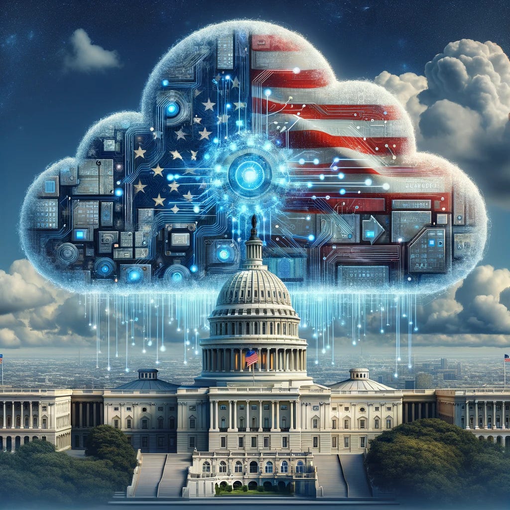 A detailed and concrete representation combining cloud computing, AI, and US government regulation, featuring a prominent government building. The image should depict a realistic cloud intricately composed of digital elements, such as circuits and glowing binary code, representing cloud computing. Within this cloud, distinct AI elements like a detailed neural network structure should be visible. A key feature of the image is a well-defined, iconic US government building, styled in a digital art form. The background is a realistic sky merged with digital motifs. The color scheme is a mix of patriotic blue, white, and red, with a focus on clarity and detail in the representation.
