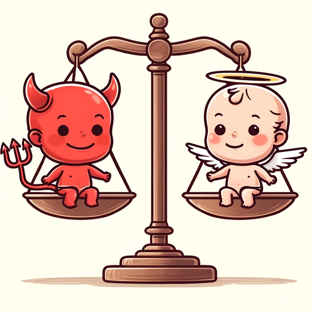 A cartoon picture showing a baby devil and a baby angel on opposite sides of a balance scale. The baby devil has small red horns, a mischievous grin, and a tiny pitchfork. The baby angel has a halo, a gentle smile, and small wings. The balance scale is in the center, with each side holding one baby, illustrating the contrast between good and evil. The background is simple, emphasizing the characters and the scale.