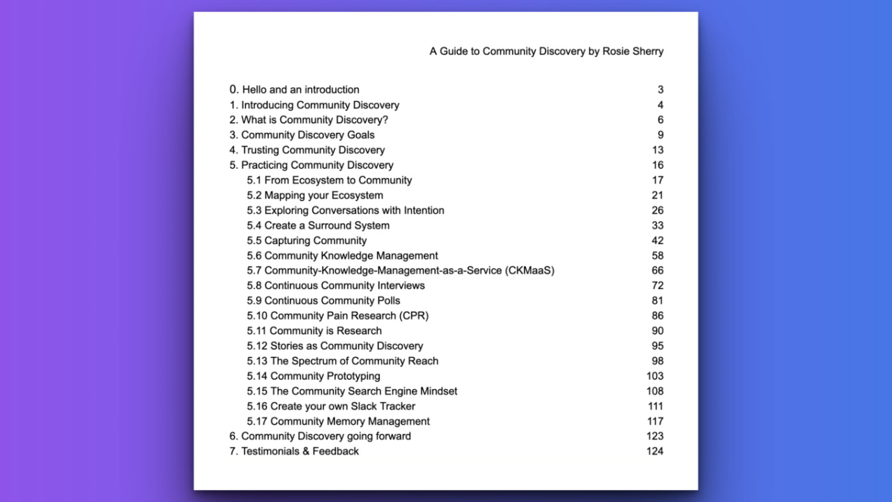 Contents: (124 pages)  0. Hello and an introduction  1. Introducing Community Discovery  2. What is Community Discovery?  3. Community Discovery Goals  4. Trusting Community Discovery  5. Practicing Community Discovery  5.1 From Ecosystem to Community  5.2 Mapping your Ecosystem  5.3 Exploring Conversations with Intention  5.4 Create a Surround System  5.5 Capturing Community  5.6 Community Knowledge Management  5.7 Community-Knowledge-Management-as-a-Service (CKMaaS)  5.8 Continuous Community Interviews  5.9 Continuous Community Polls  5.10 Community Pain Research (CPR)  5.11 Community is Research  5.12 Stories as Community Discovery  5.13 The Spectrum of Community Reach  5.14 Community Prototyping  5.15 The Community Search Engine Mindset  5.16 Create your own Slack Tracker  5.17 Community Memory Management  6. Community Discovery going forward