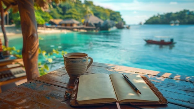 Travel Journal An open journal with a pen and a cup of coffee on a table  overlooking a scenic vacation spot | Premium AI-generated image