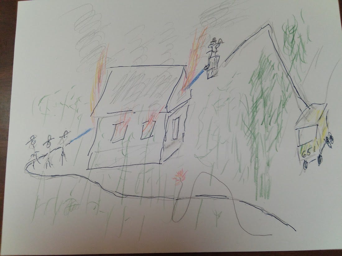 Childish drawing of firefighting operations. 