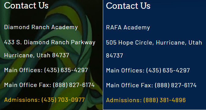 Side-by-side images of the "Contact Us" sections from D.R.A.'s former website and an early snapshot of RAFA Academy's site, both showing "Main Offices: (435) 635-4297" and "Main Office Fax: (888) 827-6174"