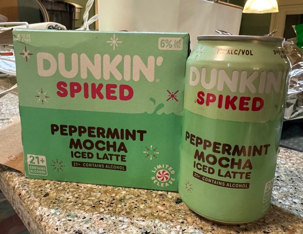 Dunken Spiked Peppermint Iced Moca four-pack and can.