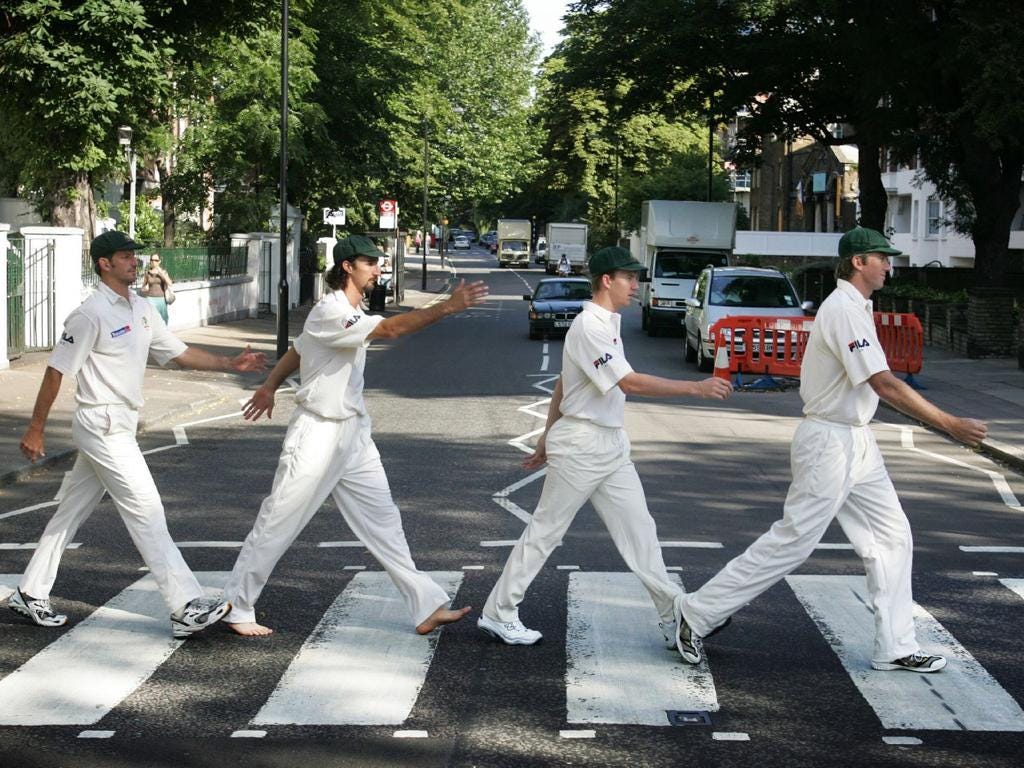 r/Cricket - The Australian pace attack recreating the album cover of Abbey Road by the Beatles | The Ashes, 2005