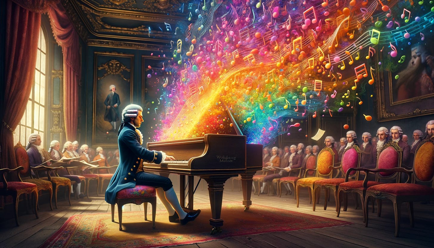 Create an artistic representation of Wolfgang Amadeus Mozart experiencing synesthesia while composing music. The scene shows Mozart sitting at a piano in a classical 18th-century setting. As he plays, colorful notes emanate from the piano, each musical key represented by a different, vibrant color. The room around him should be traditionally styled, but the air is filled with an ethereal, colorful spectrum of musical notes floating and intertwining. This imagery reflects how Mozart might have visualized musical notes and keys in specific colors, illustrating the unique way his mind blended sound and color, and how this extraordinary perception may have influenced his legendary compositions.
