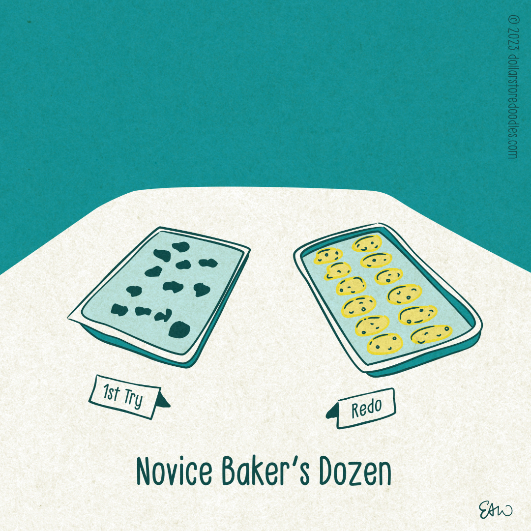 An illustration of two baking sheets. The tray on the left depicts twelve burned cookies, with a tent-card in front that reads, "first try." The tray on the right shows twelve properly baked cookies, with a tent-card in front that reads, "Redo." The main caption of the comic reads, "Novice Baker's Dozen."