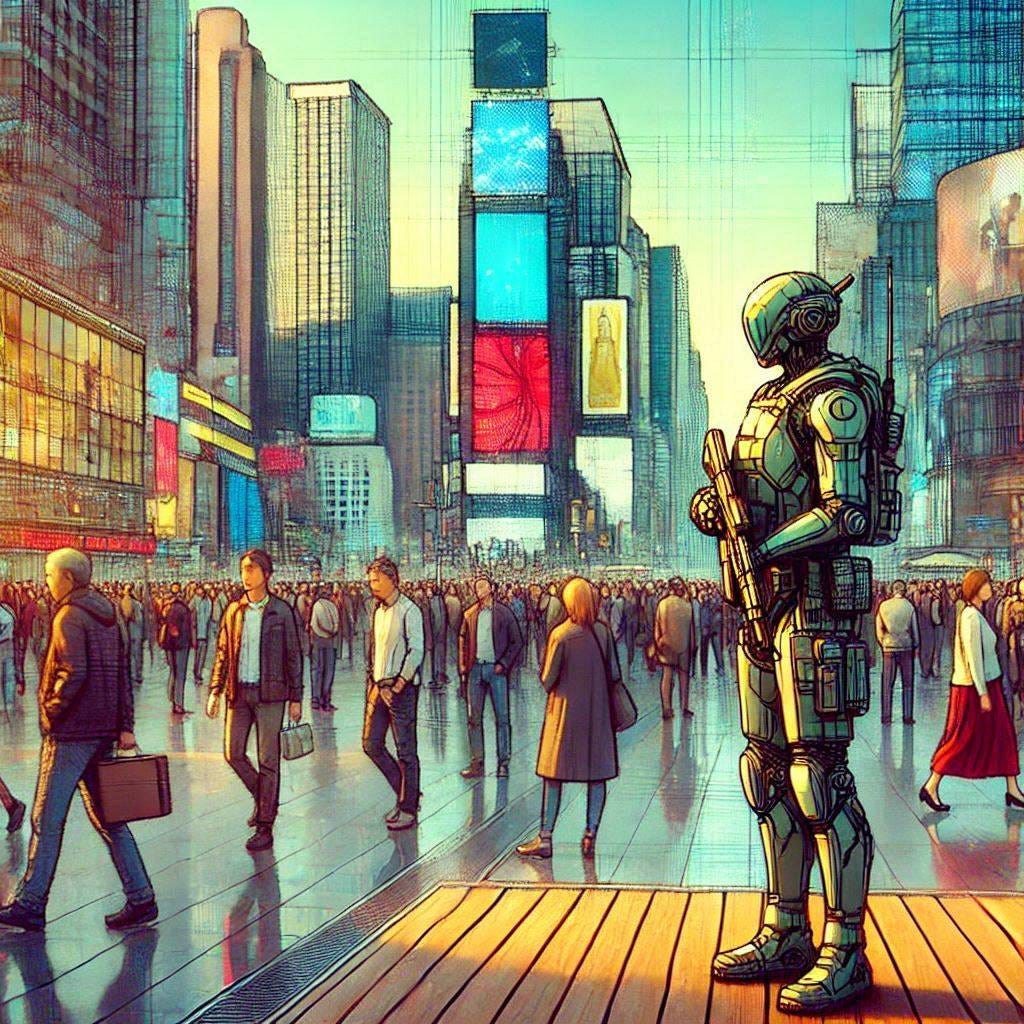 ai soldier in a crowded city plaza, cyberpunk drawing picture