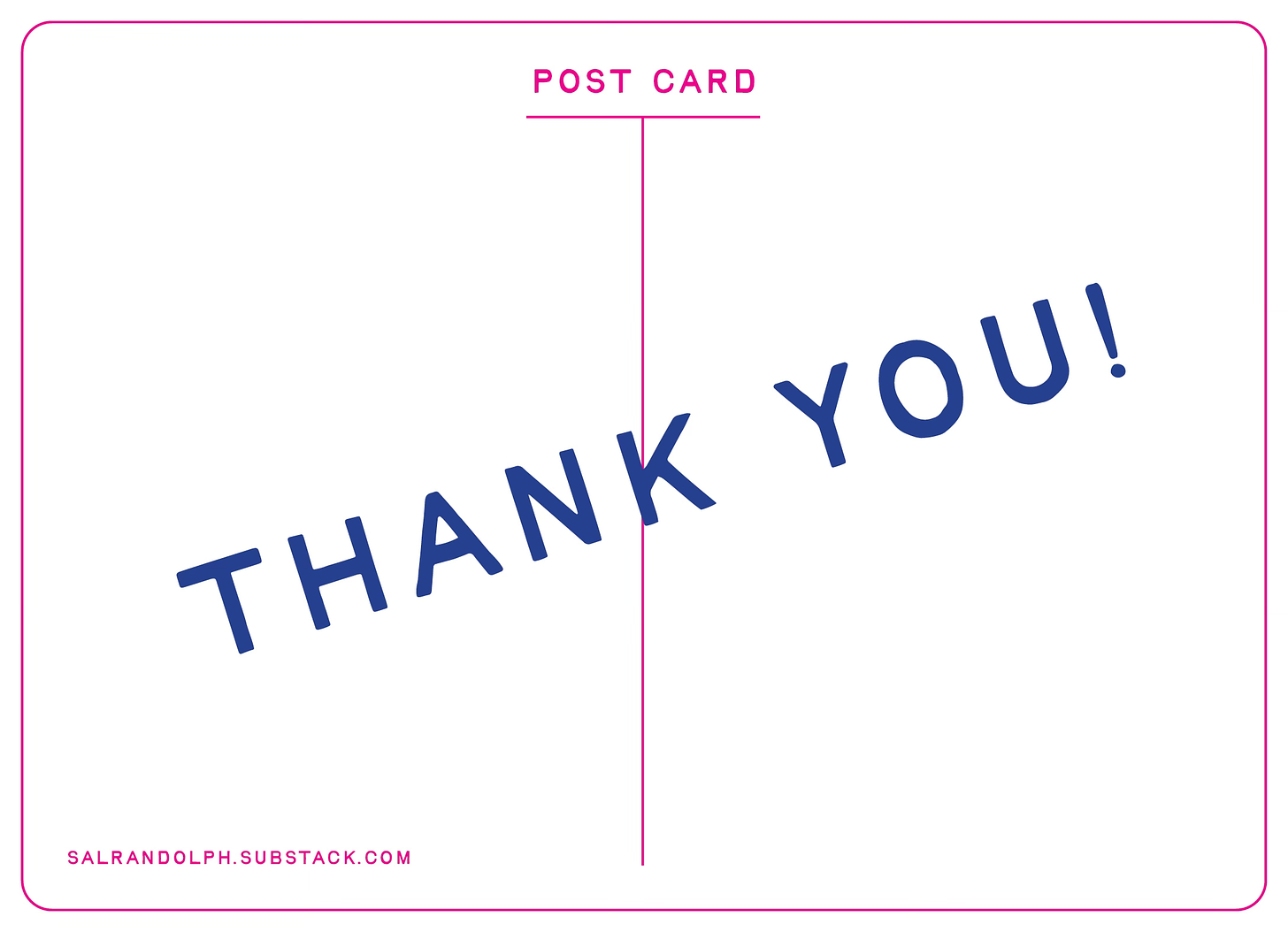 An image of the back of a postcard with the words “thank you!” printed across it in capital letters.