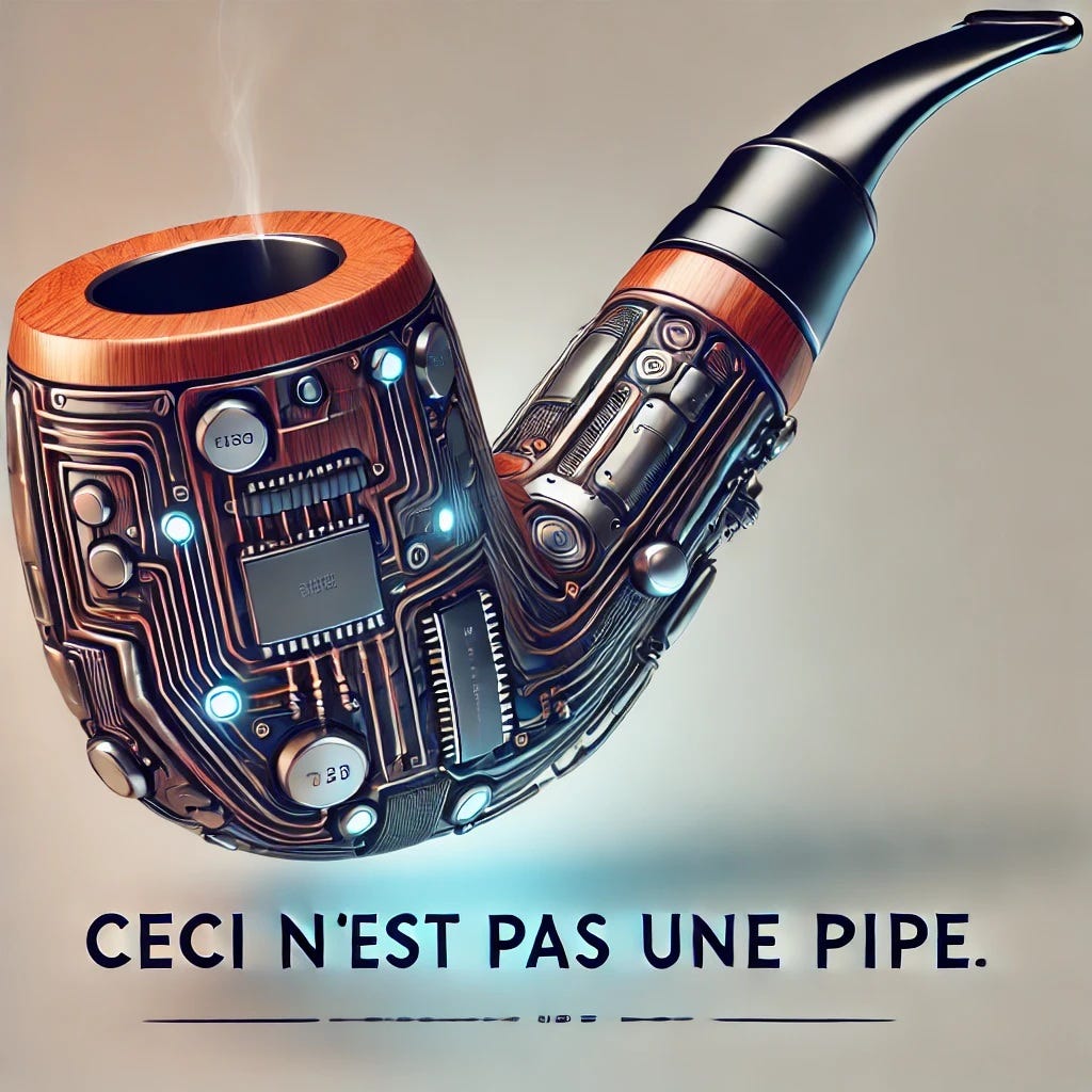 An image of a smoking pipe with a bit of smoke coming out from the top.  The pipe itself has chips, lights, and wires, indicating it is "cybernetic."  Underneath the pipe is text that reads "This Is Not a Pipe" in French.