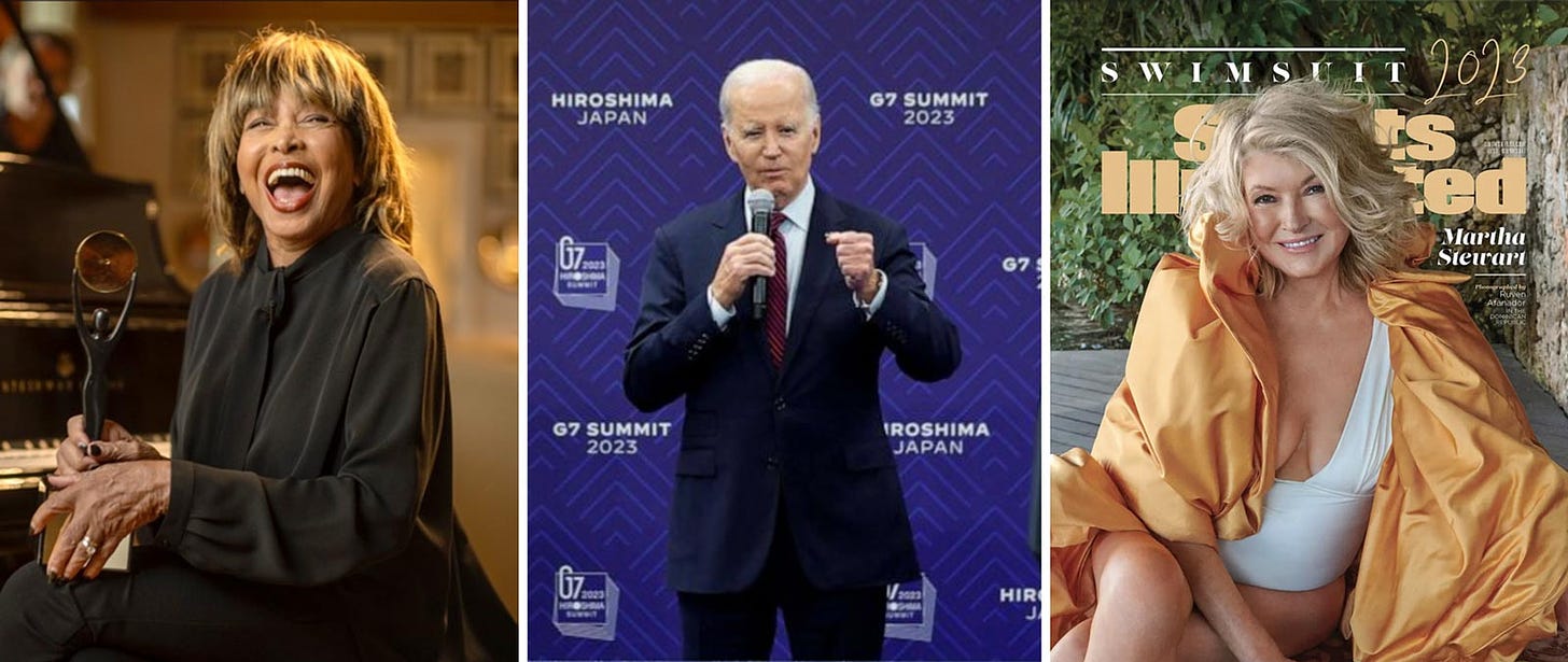 Left to right pictures of Tina Turner for the Rock & Roll Hall of Fame, Joe Biden at the G7 Summit, and Martha Stewart on the cover of Sports Illustrated.