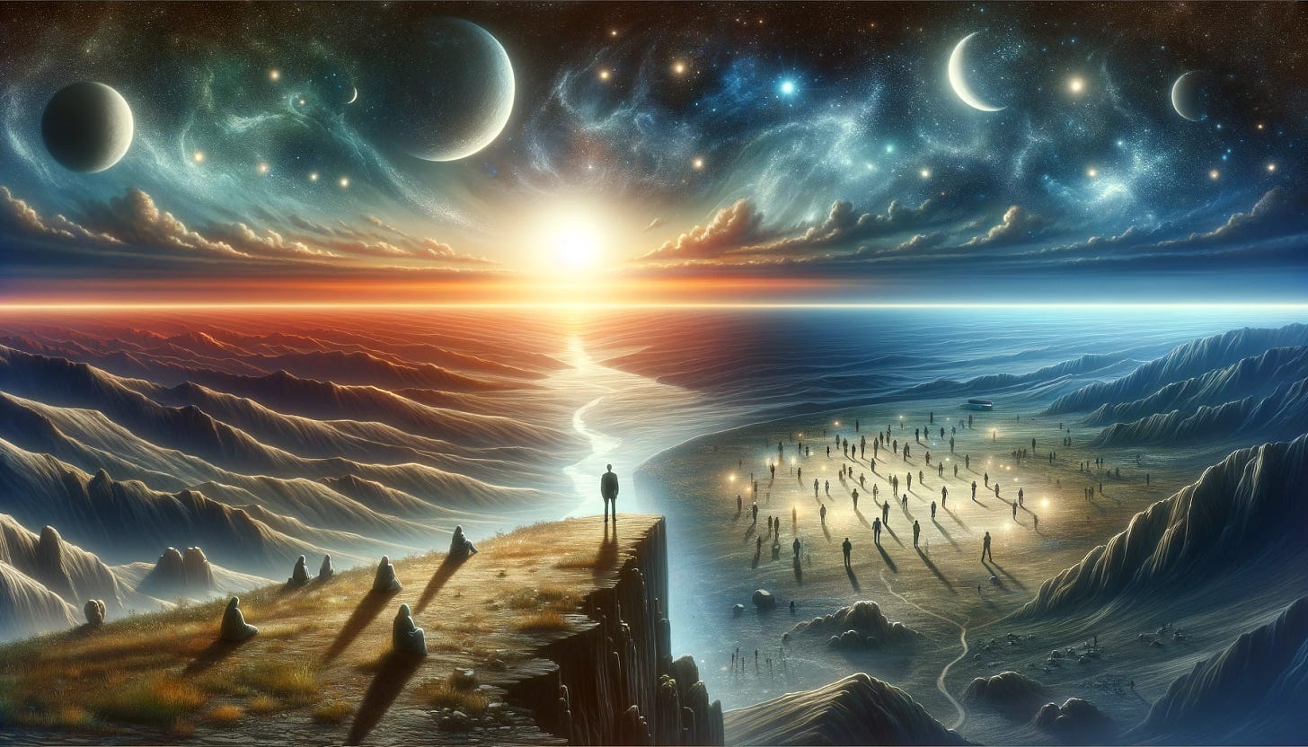 A panoramic landscape capturing the theme of self-discovery and the sharing of knowledge. The scene depicts a figure standing at the edge of a cliff, looking out over a vast expanse that includes both light and dark areas - symbolizing knowledge and ignorance. Scattered across the landscape are small groups of figures engaged in conversation, representing the sharing of ideas and experiences. Above, the stars, moon, and sun hang in the sky, illuminating the scene and signifying the eternal search for truth and understanding.