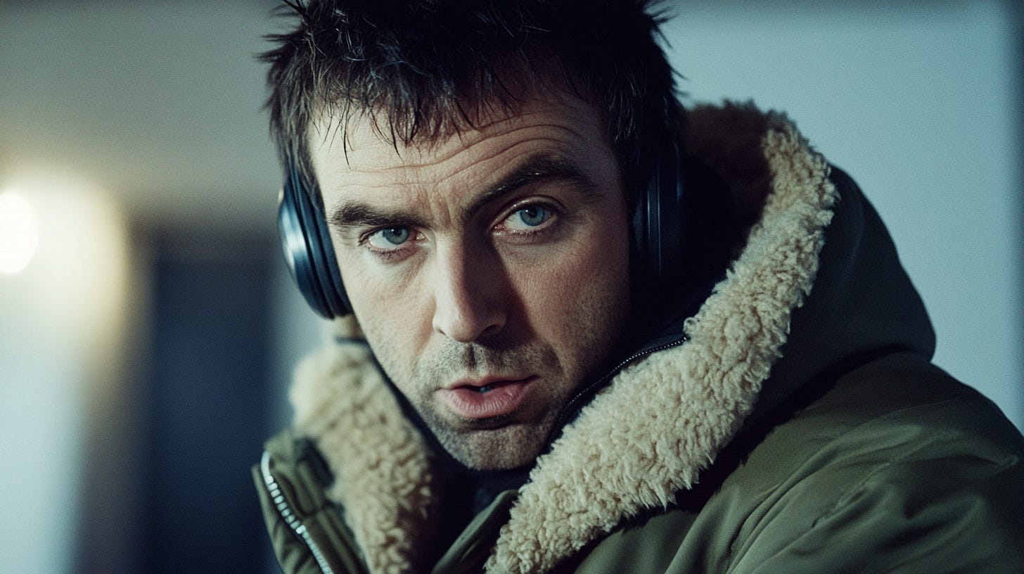 AI-generated image of a man who looks a bit like Liam Gallagher wearing a parka and headphones