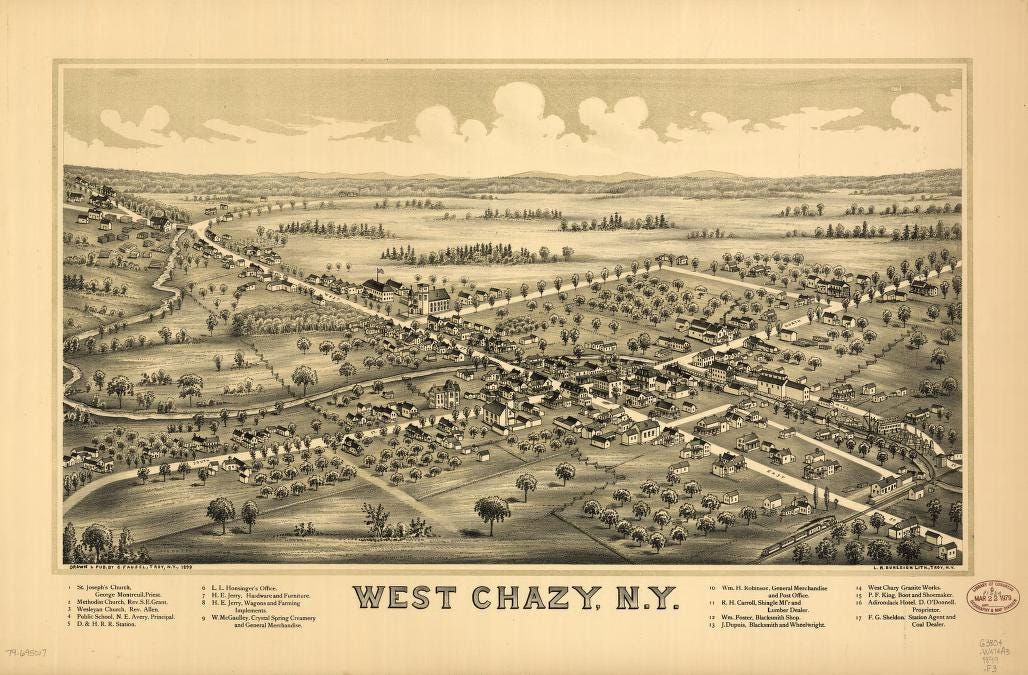 A perspective map not drawn to scale of West Chazy, New York with buildings clustered on the main road and lots of open space and orchards. A perspective map not drawn to scale of West Chazy, New York with buildings clustered on the main road and lots of open space and orchards.