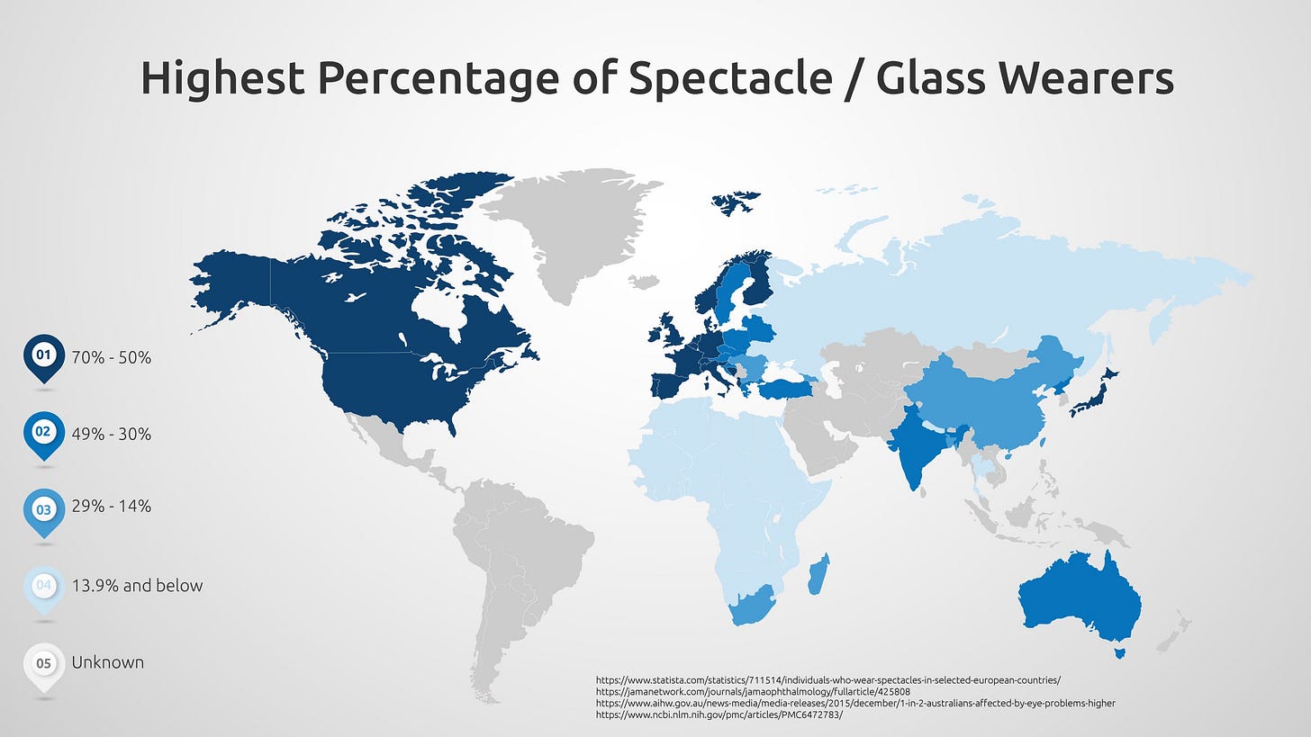 Map showing the percentage of people with glasses in the world : r/MapPorn