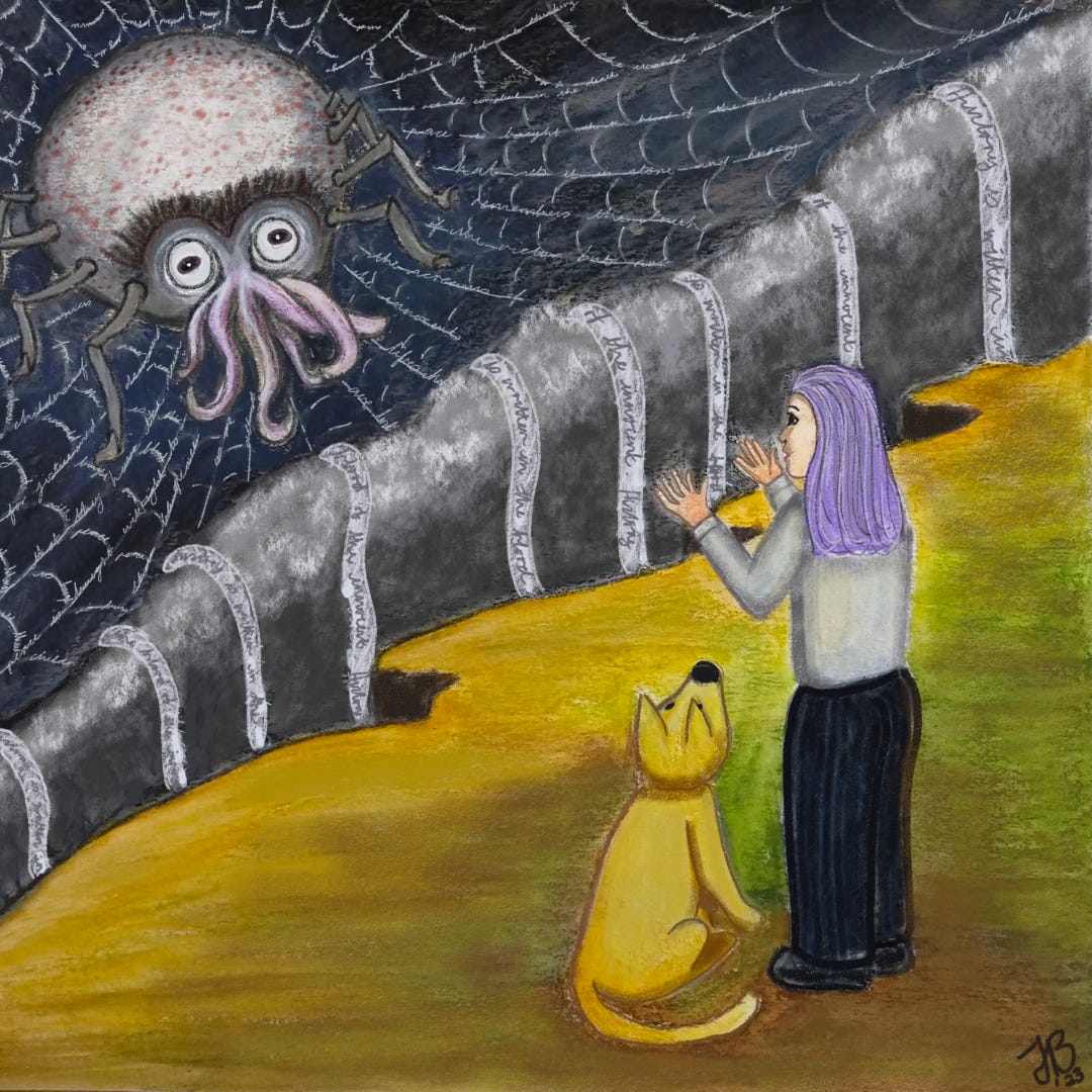 A drawing of a Squider (squid/spider) sitting in a web made of strands of text. The woman from before and the dog stand across from the squider on a ledge.