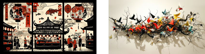 Graphic art with bold red and black motifs of Japanese culture including a gazebo and cherry blossoms, and a three-dimensional wall sculpture of colorful origami birds in mid-flight emerging from a cracked wall.