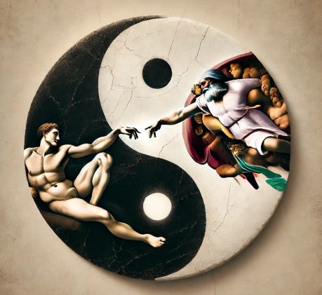 The Good God and Man in a Yin-Yang Universe. Themes from Michaelangelo's painting of God and Adam combined with the Yin-Yang symbol.