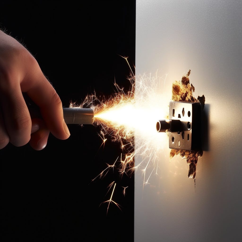 Pulling an electrical plug out of a wall socket, breaking the wire and causing sparks. The image is starkly divided left and right into black and white. 