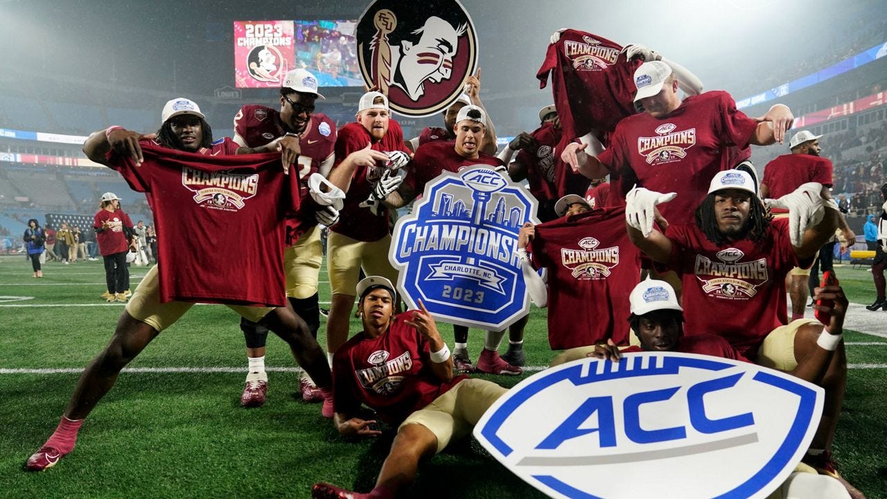 Florida State players pose after defeating Louisville in the Atlantic Coast Conference championship football game on Saturday, Dec. 2, 2023. Despite finishing the season, the Seminoles were left out of the College Football Playoff. (AP Photo/Erik Verduzco)