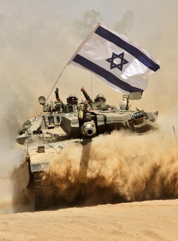 Israeli Merkava driving through dusts of sand, waving the ...
