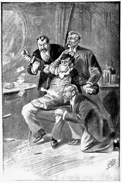 An illustration of a seated man being restrained by three other men. Cards fall from a mechanical device hidden in the seated man's sleeve.