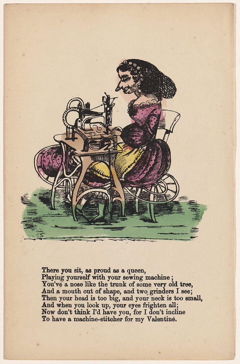 Comic Valentine (woman at sewing machine), Anonymous (British, 19th century), Hand colored wood engraving 