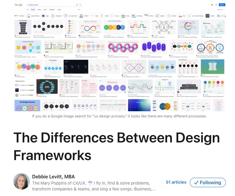 Screenshot of Debbie Levitt's article showing loads of design framworks