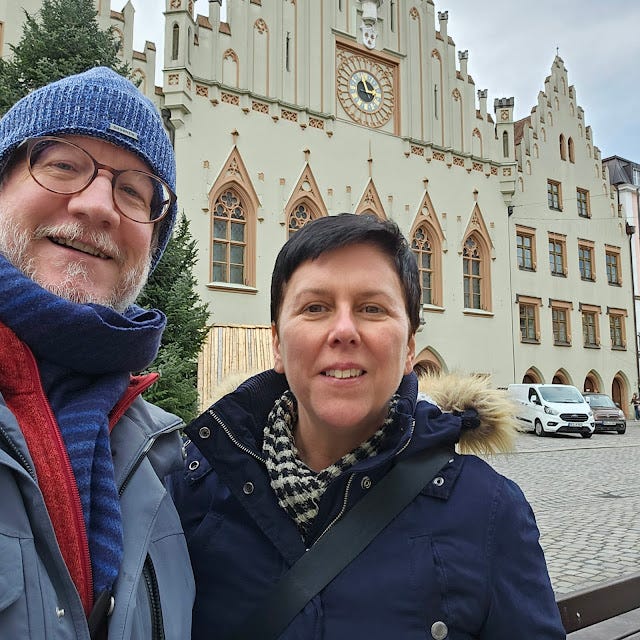 Picture of Tracey and me in front of the Landshut Rathaus