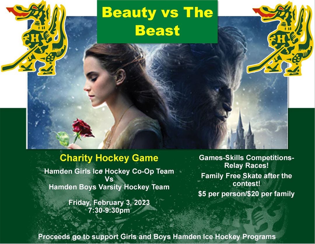 May be a cartoon of 1 person and text that says 'Beauty vs The Beast Charity Hockey Game Hamden Girls Ice Hockey Co-Op Team Vs Hamden Boys Varsity Hockey Team Friday, February 3, 2023 7:30-9:30pm Games-Skills Competitions- Relay Races! Family Free Skate after the contest! $5 per person/$20 per family Proceeds go to support Girls and Boys Hamden Ice Hockey Programs'