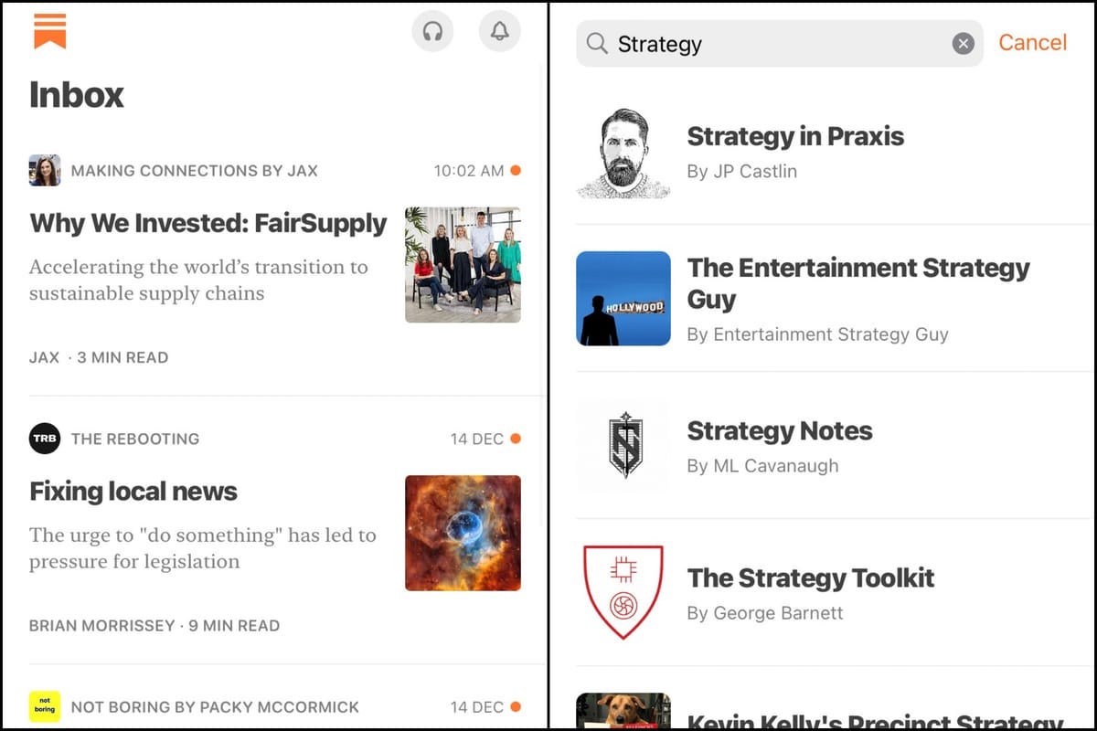 Substack App: My Inbox and Discover screens