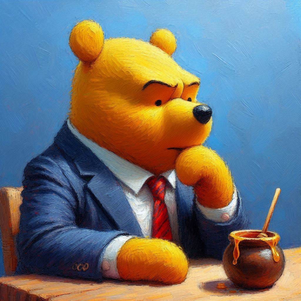 Winnie the Pooh in a business suit contemplates a pot of honey. Cartoon. Impressionist-style.