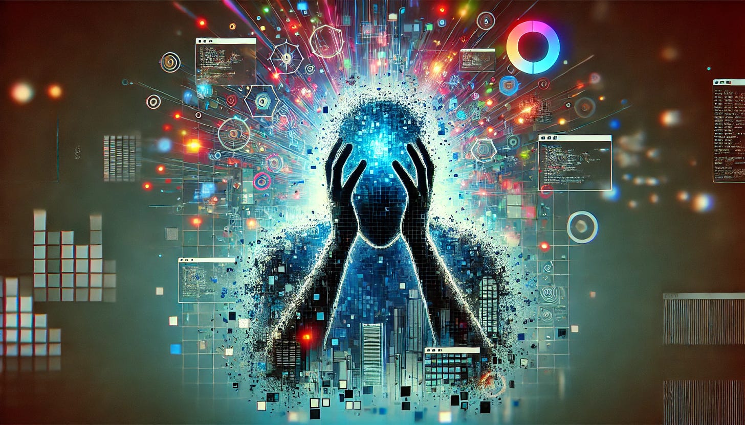 Silhouette of a person overwhelmed by digital information, surrounded by colorful data streams, digital screens, and abstract shapes, representing the stress and overload of modern technology on mental health.