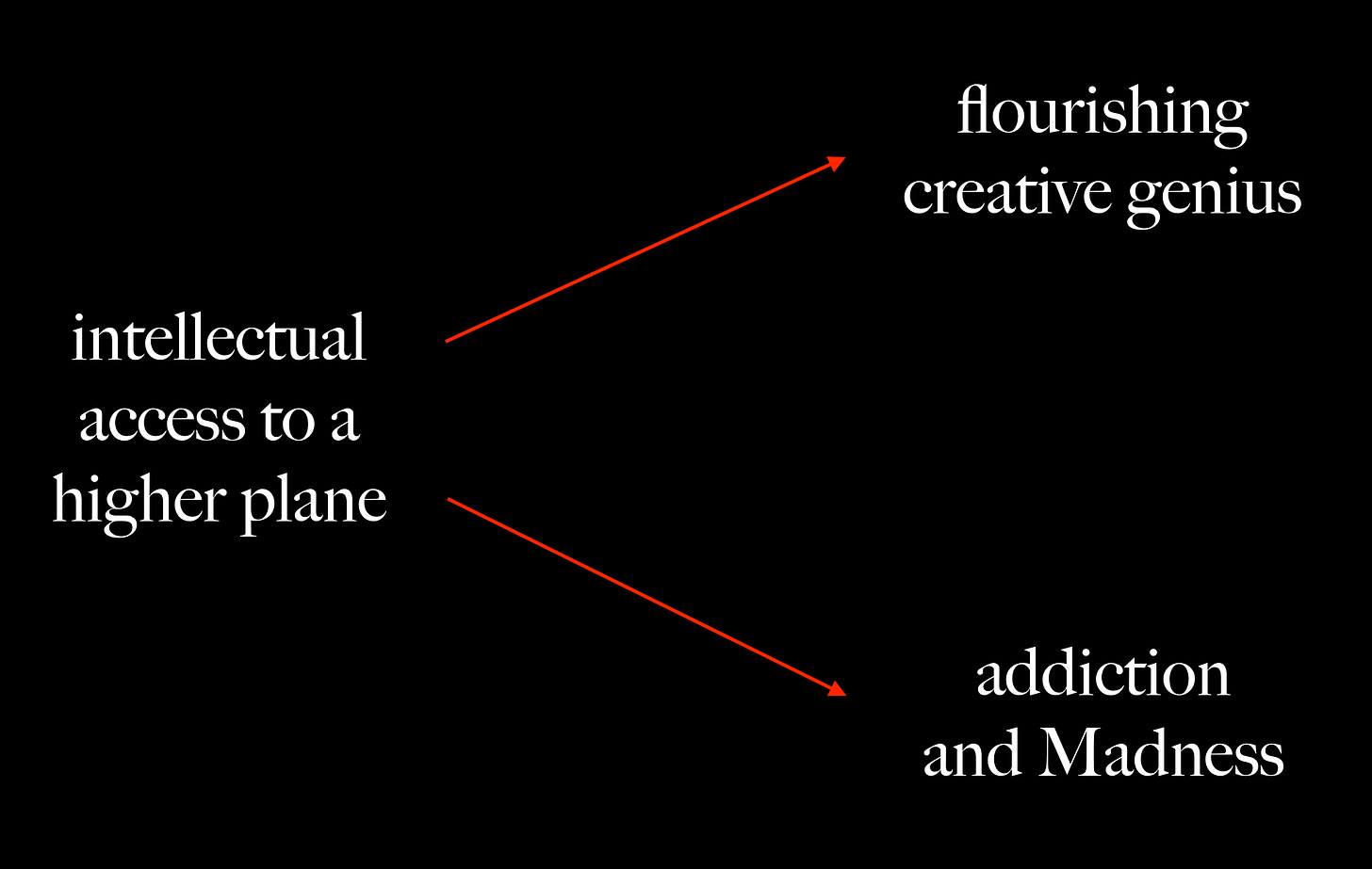 "Intellectual access to a higher plane" is a bubble on the left. Two arrows branching out from it go to bubbles captioned "creative genius" and "addiction and Madness," respectively.