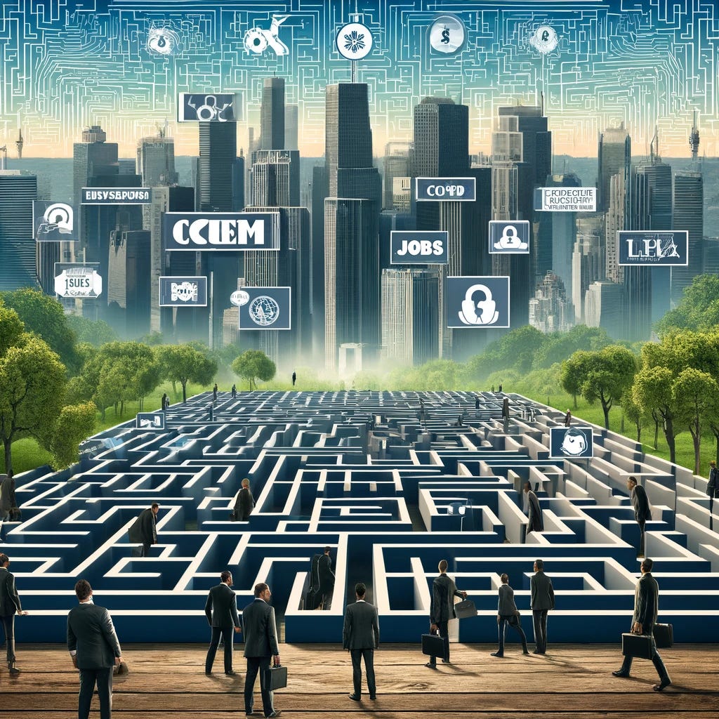 DALL·E 2024-04-27 08.33.06 - A symbolic representation of the cybersecurity job market. The image shows a vast cityscape filled with skyscrapers, each labeled with different cyber