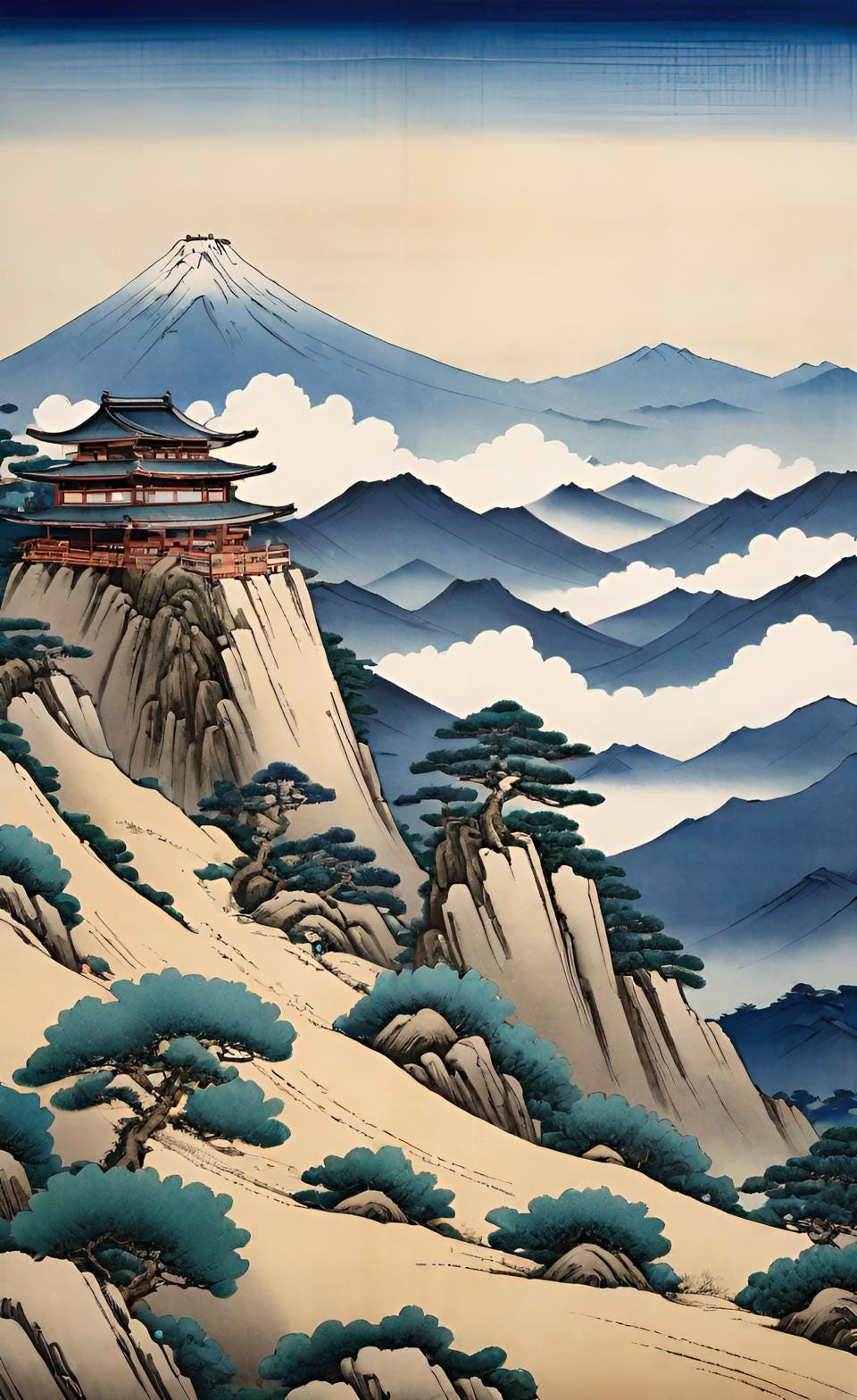 A.I. rendering in Japanese woodblock style of a pagoda on a mountain peak in the foreground, with a taller mountain peak shrouded in clouds to the rear of the picture.