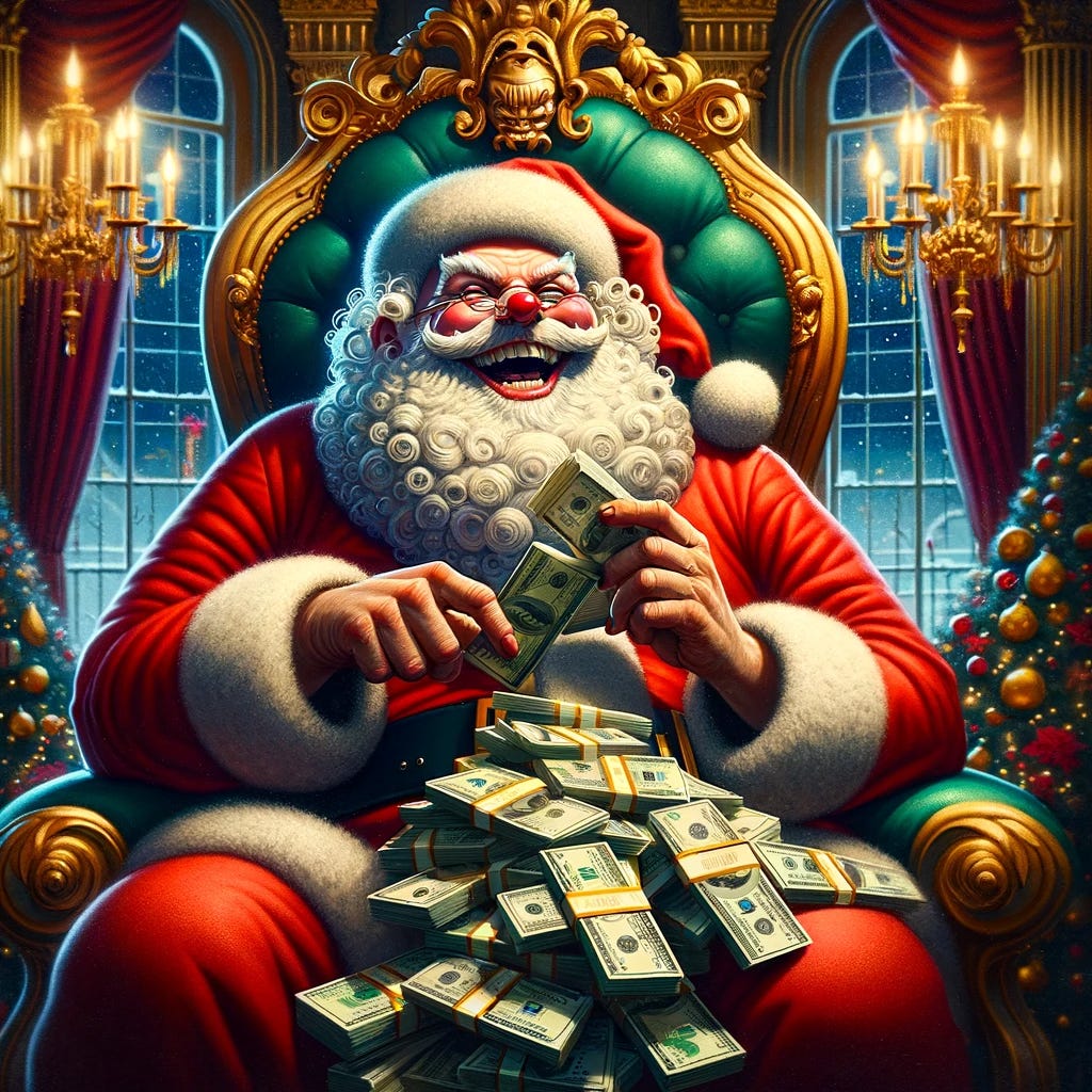 Santa laughing and counting all his money